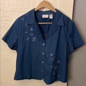 Alfred Dunner Embroidered Blue Button-Up Women's Top